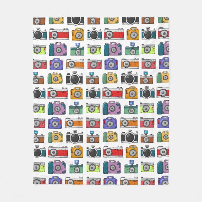 Retro Cameras Colourful Illustrated Pattern Fleece Blanket (Front)