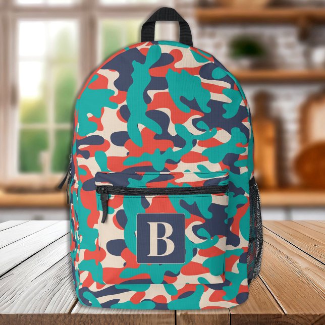 Retro Camo Teal Orange Blue Personalise Camouflage Printed Backpack (Creator Uploaded)