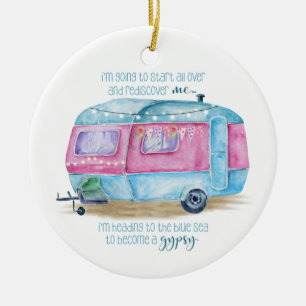 Retro Camper Caravan Blue   Pink & White Glamper Ceramic Tree Decoration