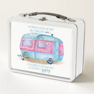 Retro Camper Caravan Blue Pink & White Glamper Metal Lunch Box