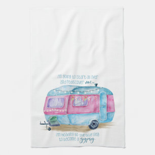 Retro Camper Caravan Blue   Pink & White Glamper Tea Towel
