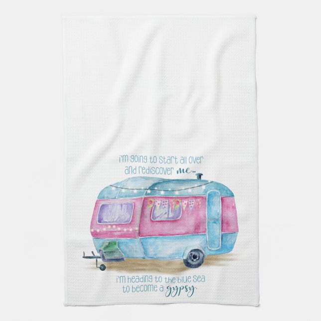 Retro Camper Caravan Blue | Pink & White Glamper Tea Towel (Vertical)