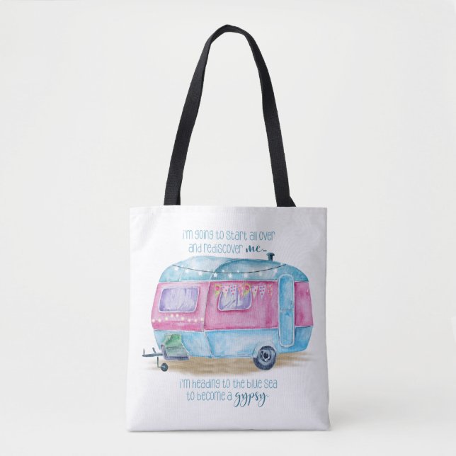 Retro Camper Caravan Blue | Pink & White Glamper Tote Bag (Front)
