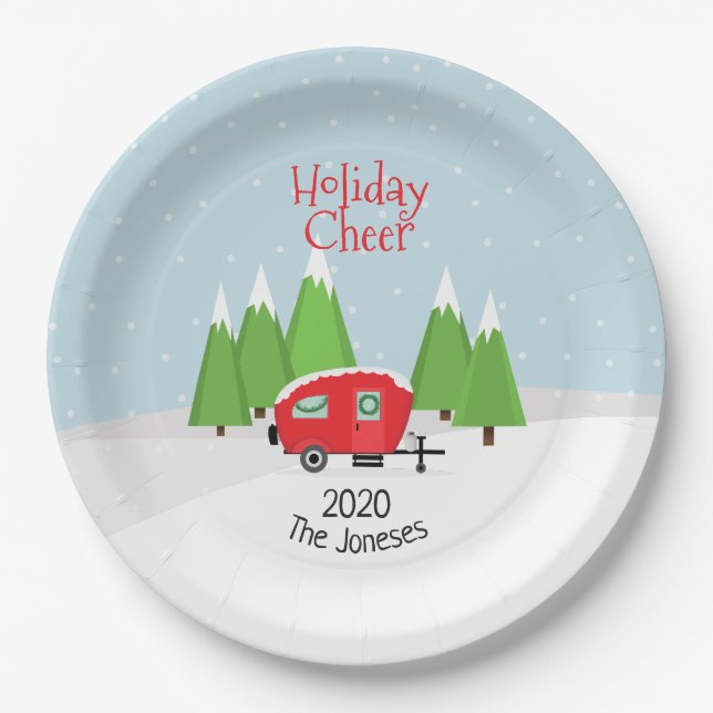 Retro Camper Christmas Paper Plate (Front)