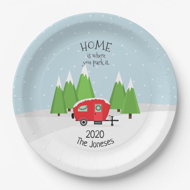 Retro Camper Christmas Paper Plate (Front)