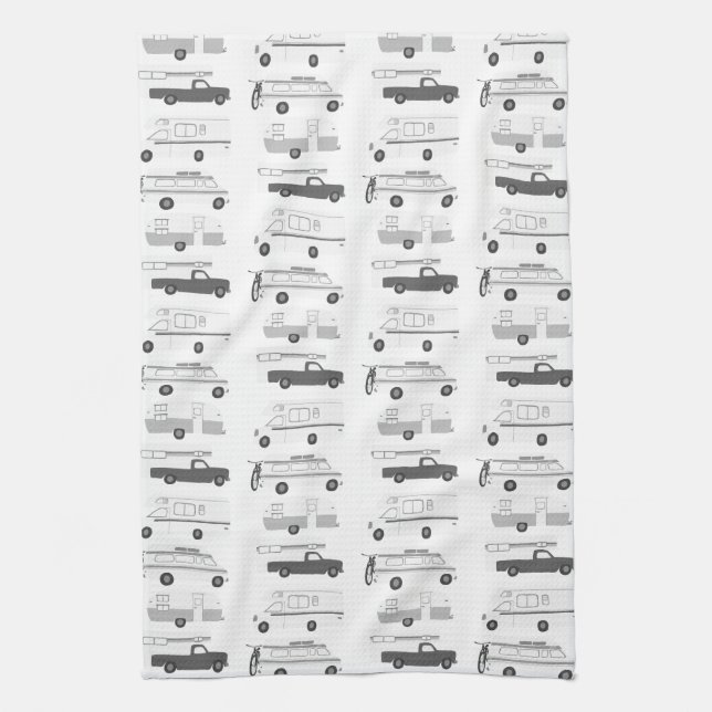Retro Camper Motorhome RV Vanlife Black Grey White Tea Towel (Vertical)