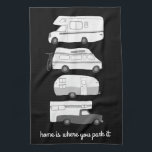 Retro Camper Motorhome RV Vanlife Black White Tea Towel<br><div class="desc">Home is where you park it! 
Decorate your kitchen with this cool towel. Makes a great housewarming or anniversary gift! 
You can customise it and add text too.
Check my shop for lots more colours and patterns plus matching kitchen stuff!</div>
