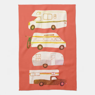 Retro Camper Motorhome RV Vanlife Red Distressed Tea Towel