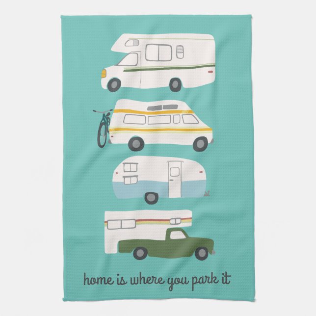 Retro Camper Motorhome RV Vanlife Teal Tea Towel (Vertical)