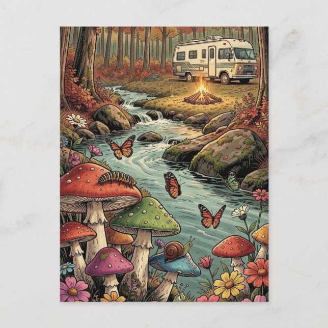 Retro Camper, Mushrooms, Stream and Flowers Postcard (Front)