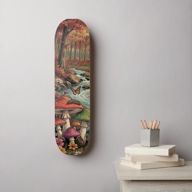Retro Camper, Mushrooms, Stream and Flowers Skateboard (Wall Art)