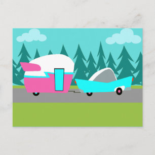 Retro Camper / Trailer and Car Postcard