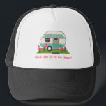 Retro Camper / Trailer & Pink Flamingos Home Is... Trucker Hat<br><div class="desc">A hat featuring an illustration of a retro trailer home with turquoise stripe and awning and three pink plastic flamingos in the yard.  Customisable text says "Home Is Where You Put Your Flamingos!"</div>