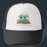 Retro Camper / Trailer & Pink Flamingos Home Is... Trucker Hat<br><div class="desc">A hat featuring an illustration of a retro trailer home with turquoise stripe and awning and three pink plastic flamingos in the yard.  Customisable text says "Home Is Where You Put Your Flamingos!"</div>