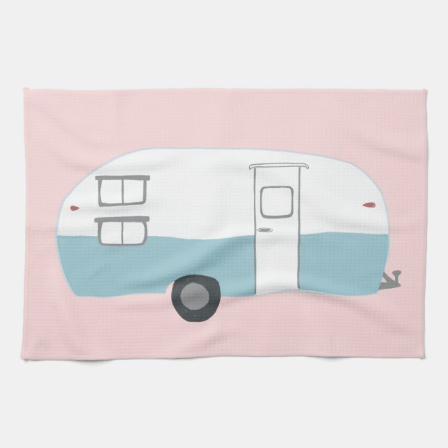 Retro Camper Trailer pink kitchen towel (Horizontal)
