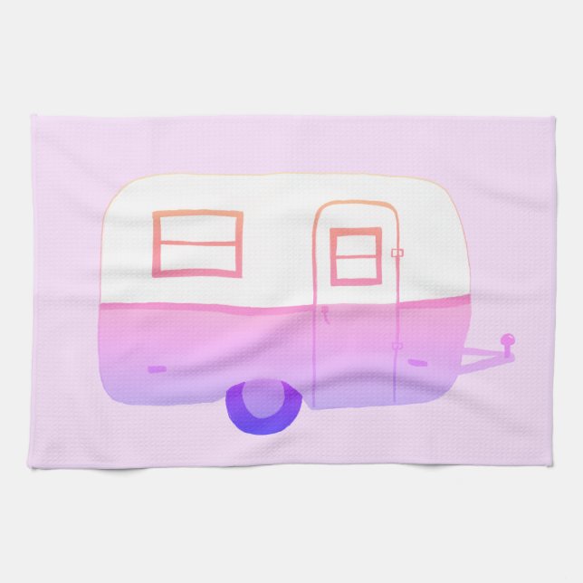 Retro Camper Trailer purple kitchen towel (Horizontal)