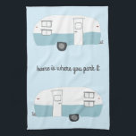 Retro Camper Trailer RV Motorhome Blue Tea Towel<br><div class="desc">Decorate your kitchen with this cool towel. Makes a great housewarming or anniversary gift! 
You can customise it and add text too.
Check my shop for lots more colours and patterns plus matching kitchen stuff!</div>