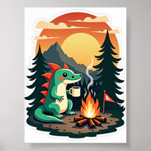 Retro Camping Axolotl Campfire Pine Tree Wildernes Poster