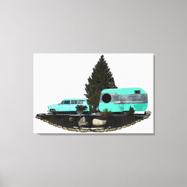 Retro Camping Car Trailer Stretched Wrapped Canvas (Front)