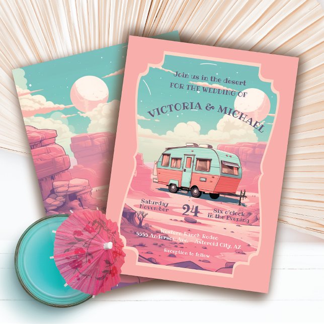 Retro Camping Trailer Desert Landscape Wedding Invitation (Creator Uploaded)