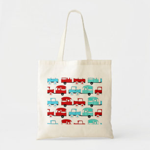 Retro Camping Trailer Turquoise Red Vintage Cars Tote Bag