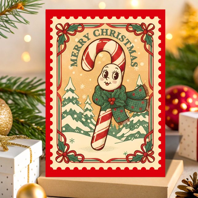 Retro Candy Cane Christmas Postage Stamp Holiday Card (Creator Uploaded)
