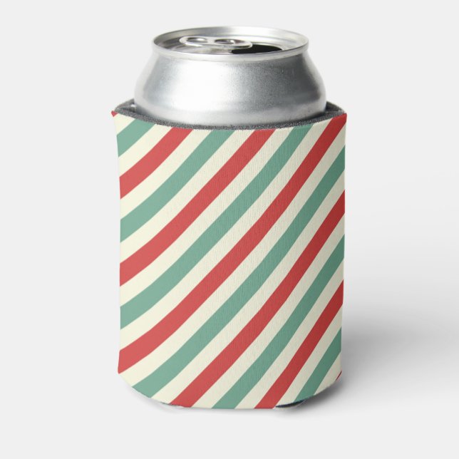 Retro Candy Cane Christmas Stripes Red Green Can Cooler (Can Back)