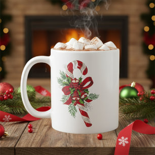 Retro Candy Cane with Bells and Bow Christmas Coffee Mug