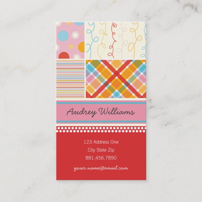 Retro Candy Pink Pattern Squares Plaid Dots Stripe Business Card (Front)