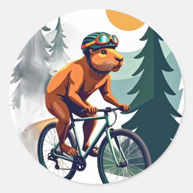 Retro Capybara Mountain Biking Adventure Classic Round Sticker (Front)