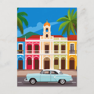 Retro Car and Colourful Colonial Houses Travel Postcard