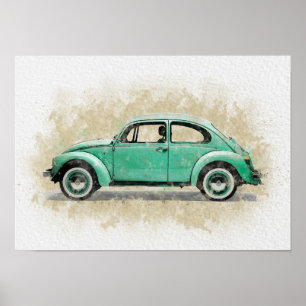Retro Car Artwork - Green Colour Poster