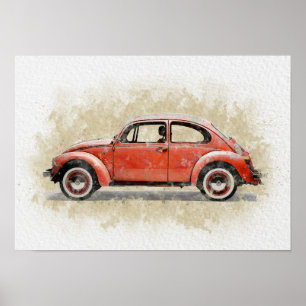 Retro Car Artwork - Red Colour Poster