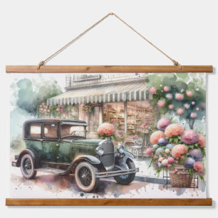Retro Car & Blooming Boutique Scene Hanging Tapestry
