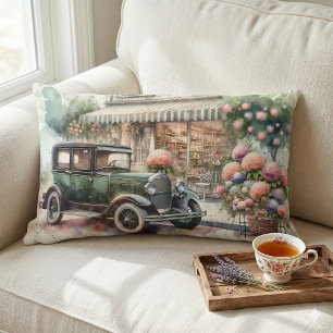 Retro Car & Blooming Boutique Scene Lumbar Cushion