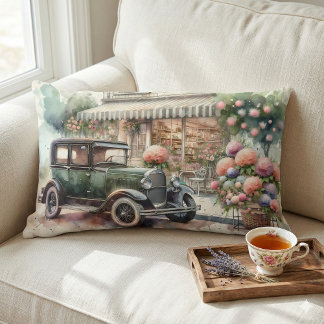Retro Car & Blooming Boutique Scene Lumbar Cushion