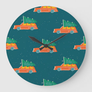 Retro Car Christmas Tree Pattern Large Clock