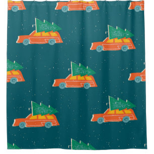 Retro Car Christmas Tree Pattern Shower Curtain