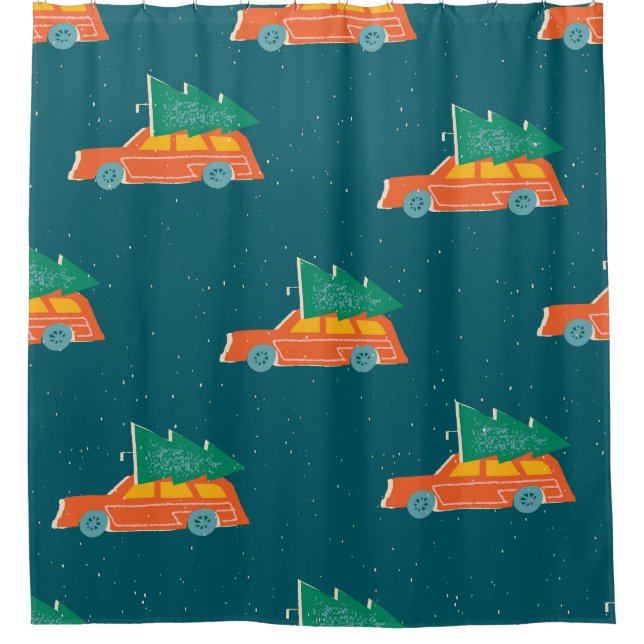 Retro Car Christmas Tree Pattern Shower Curtain (Front)