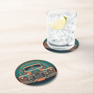 Retro car editable round paper coaster