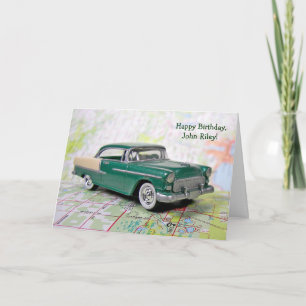 retro Car on road map for birthday Card