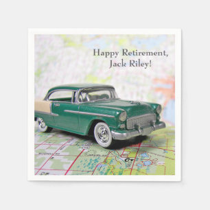 retro car on road map napkin