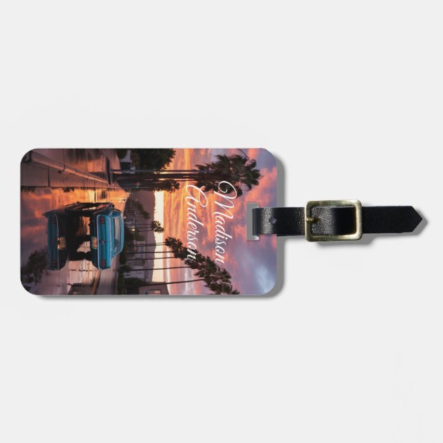 Retro Car & Palm Sunset Personalised Luggage Tag (Front Horizontal)