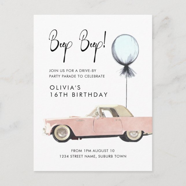 Retro Car Parade Party Drive By Rockabilly Any Age Postcard (Front)