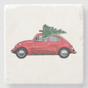Retro Car with Tree Art  Stone Coaster