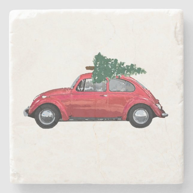 Retro Car with Tree Art  Stone Coaster (Front)