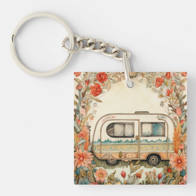 Retro Caravan Camping Nostalgic Key Ring (Front)