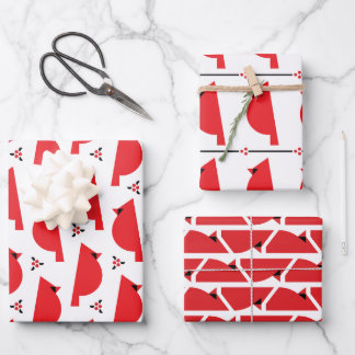 Retro Cardinal Wrapping Paper Flat Sheet Set of 3