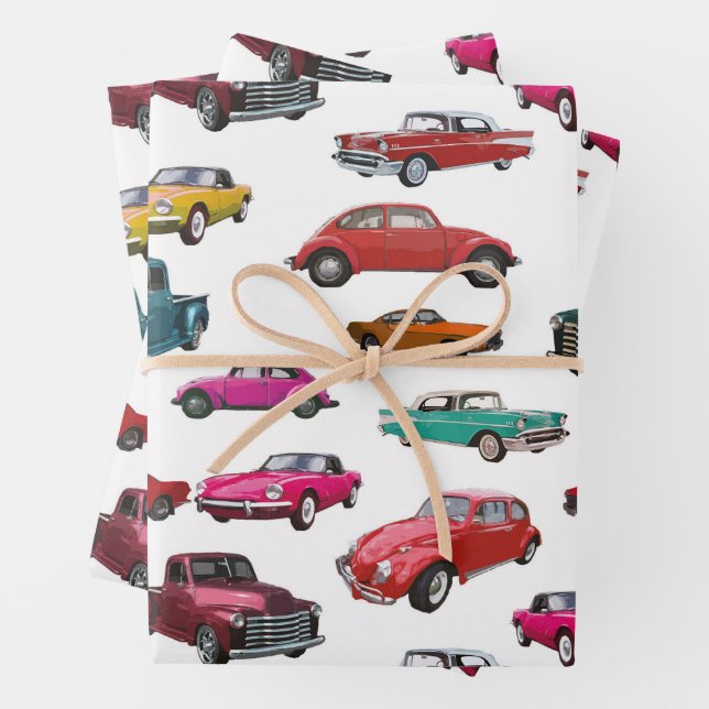 Retro Cars and Trucks Pattern Wrapping Paper Sheet (In situ)