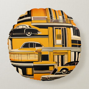 Retro Cars Geometric Mustard Mid Century Round Cushion